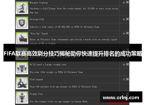 FIFA联赛高效刷分技巧揭秘助你快速提升排名的成功策略
